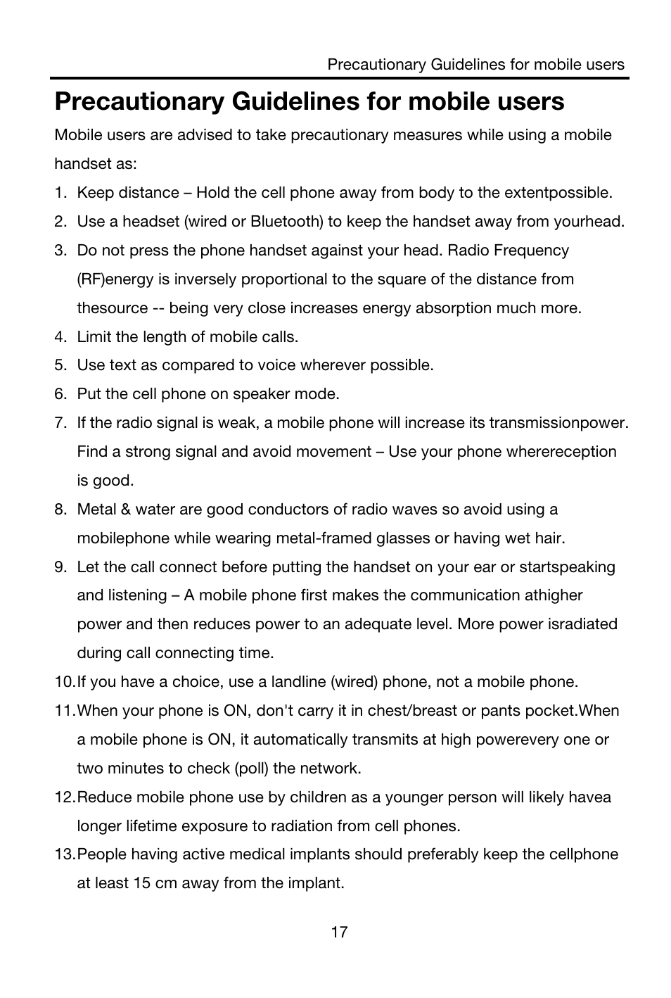 Precautionary guidelines for mobile users | Lenovo S850 Smartphone User Manual | Page 20 / 61