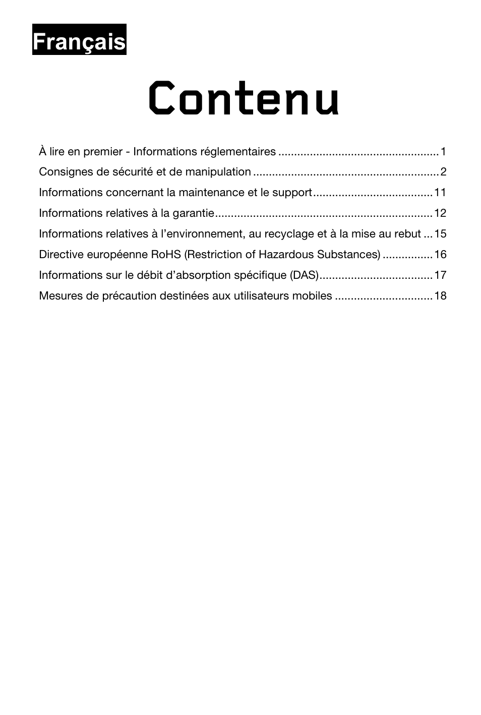 Contenu, Français | Lenovo S850 Smartphone User Manual | Page 21 / 61