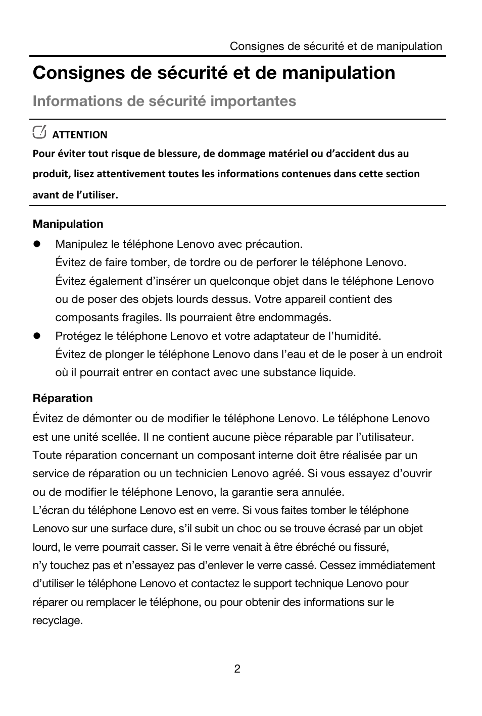 Consignes de sécurité et de manipulation, Informations de sécurité importantes | Lenovo S850 Smartphone User Manual | Page 24 / 61