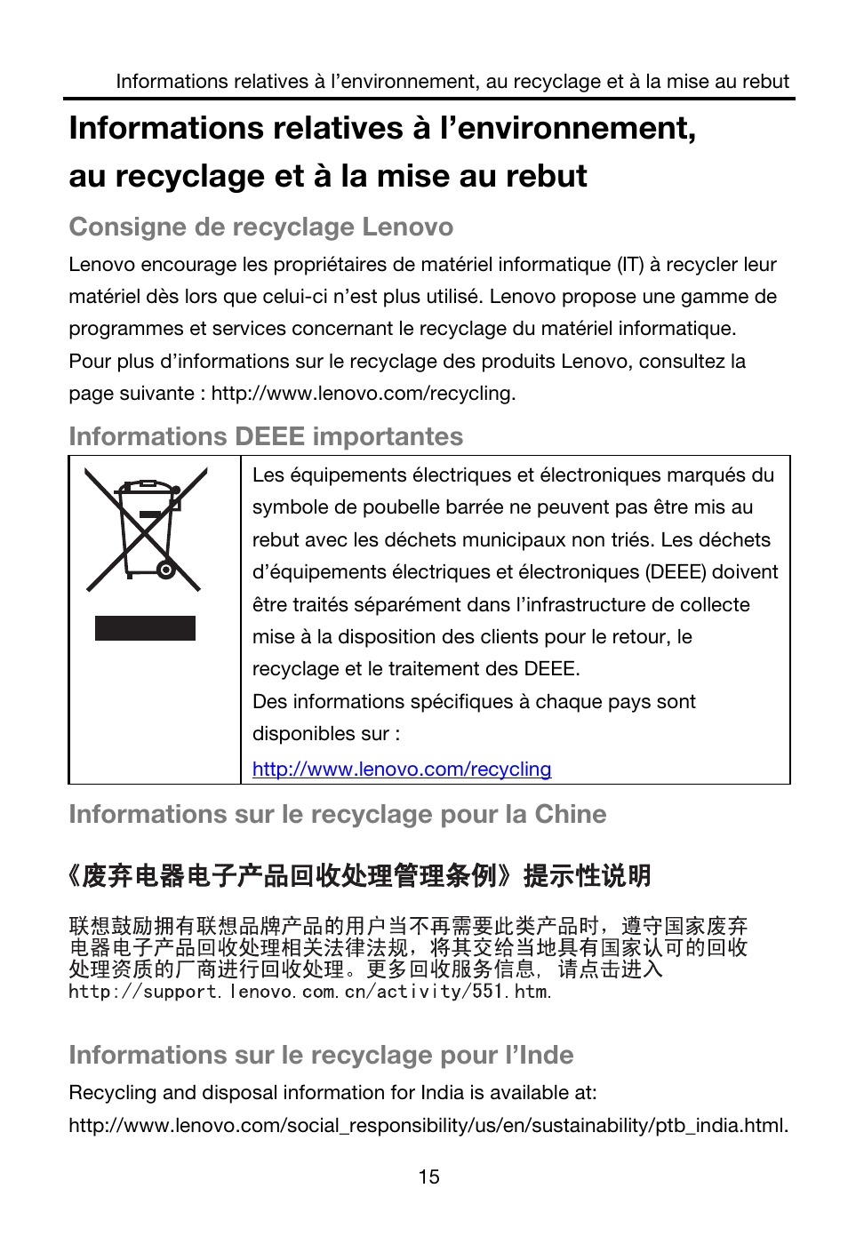 Consigne de recyclage lenovo, Informations deee importantes, Informations sur le recyclage pour la chine | Informations sur le recyclage pour l’inde | Lenovo S850 Smartphone User Manual | Page 37 / 61