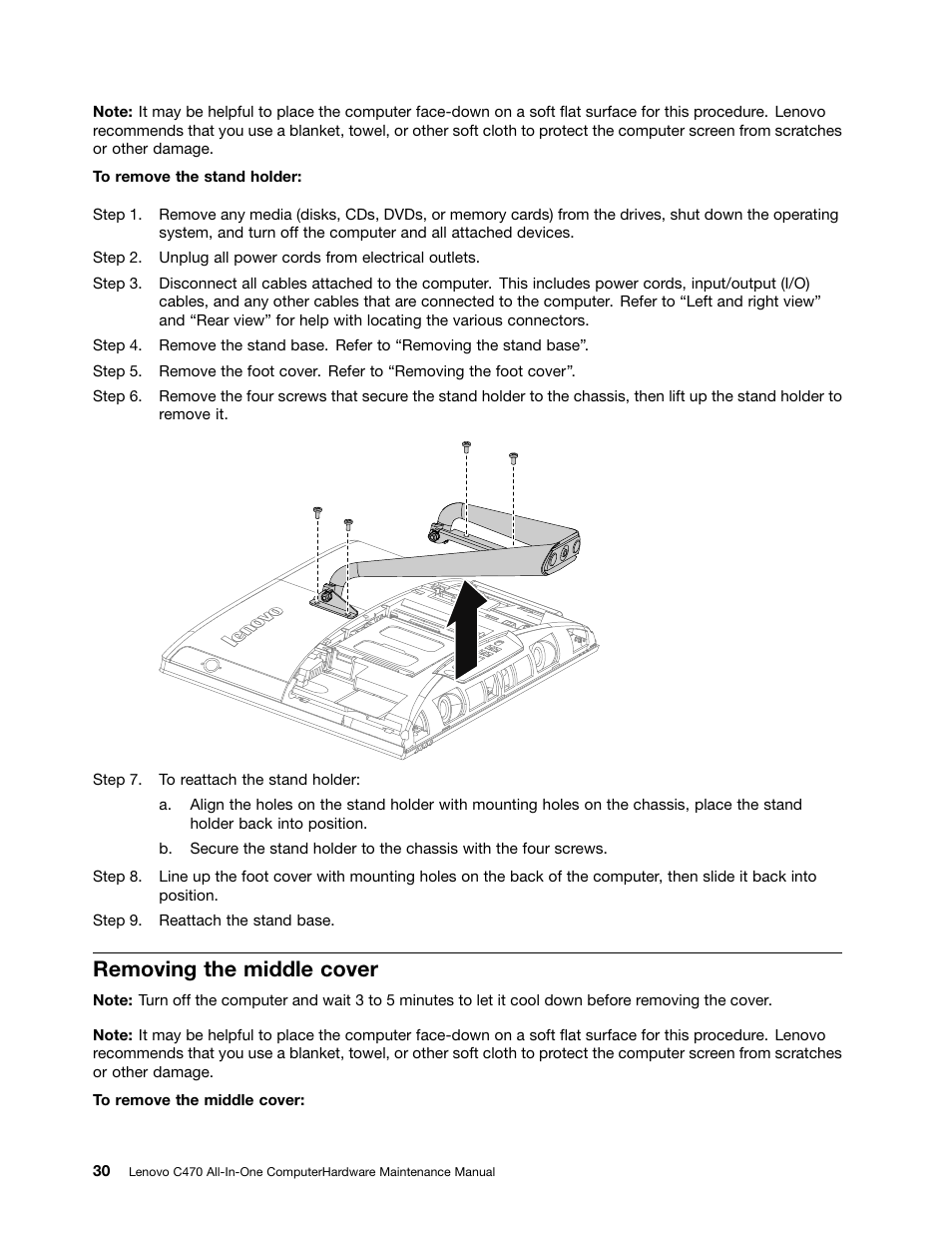 Removing the middle cover | Lenovo C470 All in One User Manual | Page 36 / 59