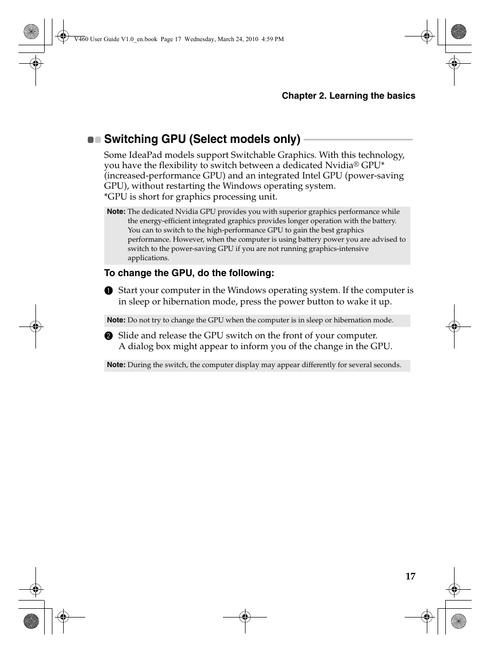 Switching gpu (select models only) | Lenovo IdeaPad V460 User Manual | Page 21 / 58
