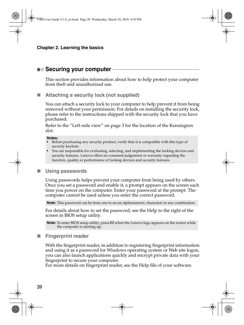 Securing your computer | Lenovo IdeaPad V460 User Manual | Page 24 / 58