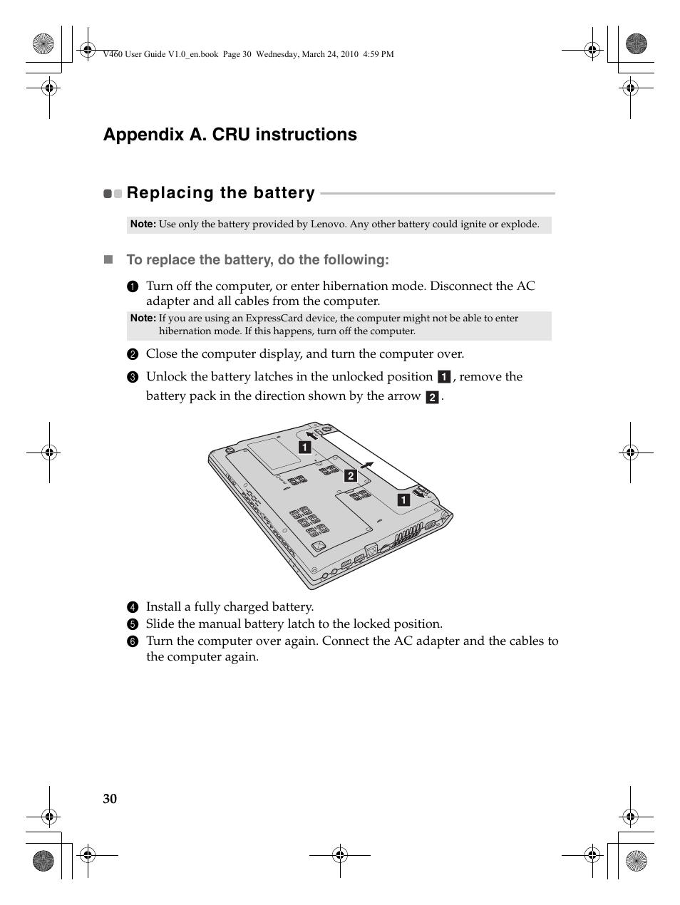 Appendix a. cru instructions, Replacing the battery | Lenovo IdeaPad V460 User Manual | Page 34 / 58