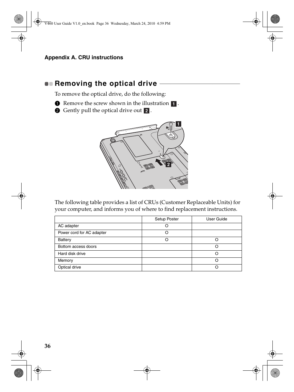 Removing the optical drive | Lenovo IdeaPad V460 User Manual | Page 40 / 58