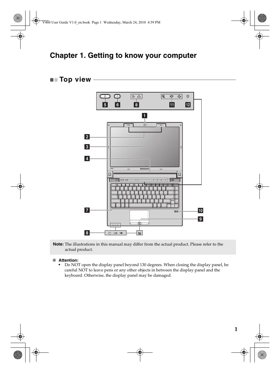 Chapter 1. getting to know your computer, Top view | Lenovo IdeaPad V460 User Manual | Page 5 / 58
