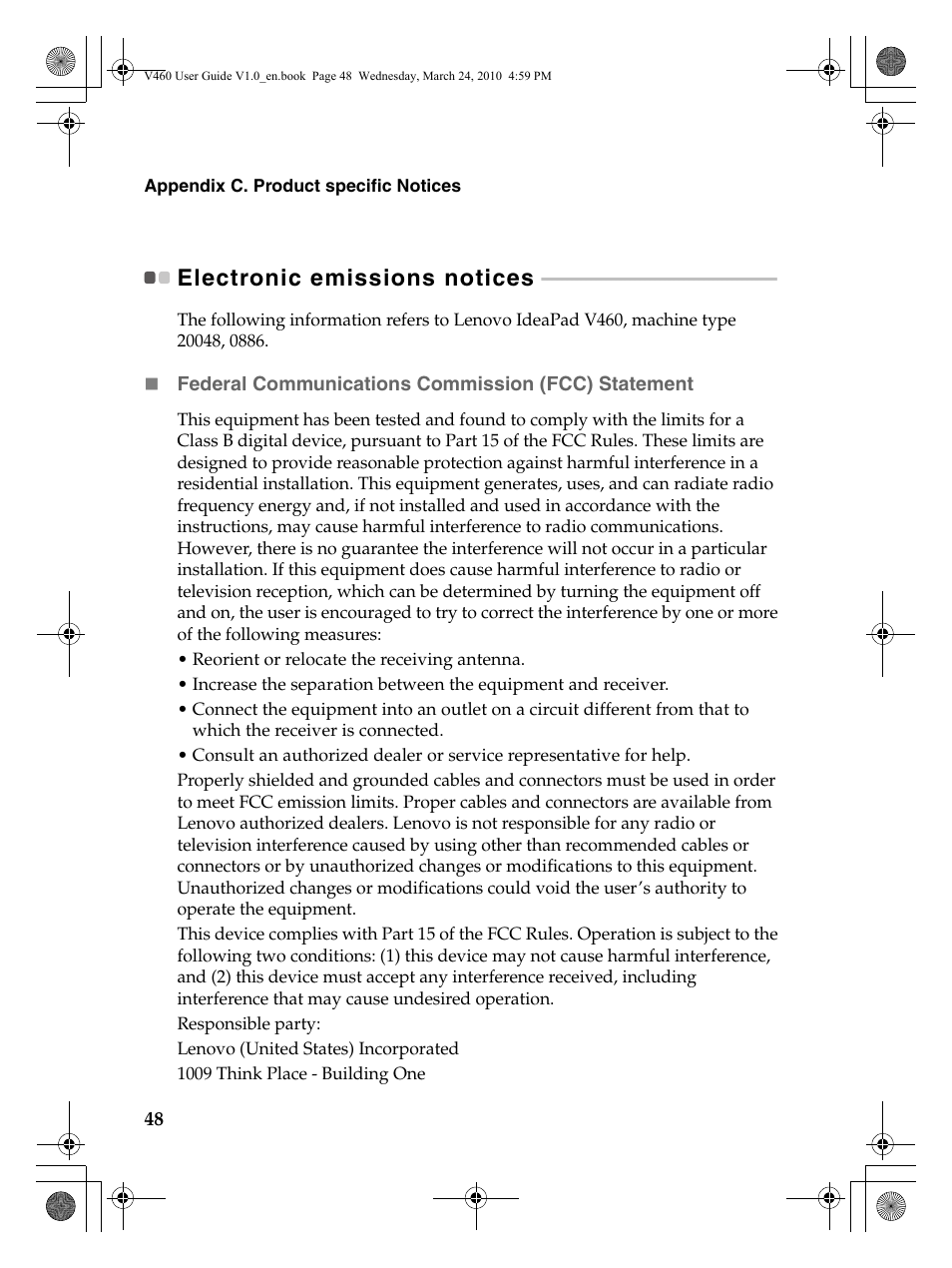 Electronic emissions notices | Lenovo IdeaPad V460 User Manual | Page 52 / 58