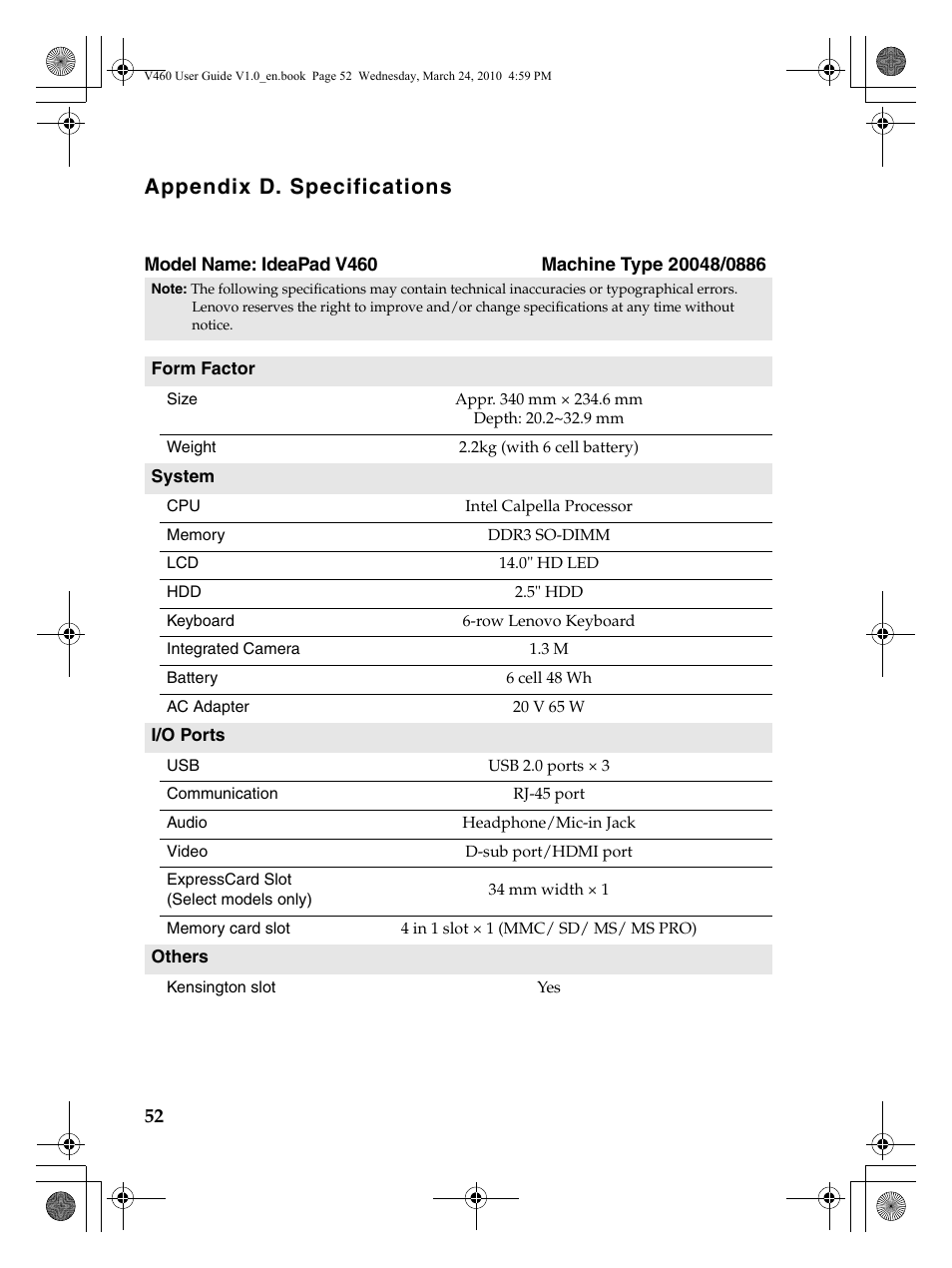 Appendix d. specifications | Lenovo IdeaPad V460 User Manual | Page 56 / 58