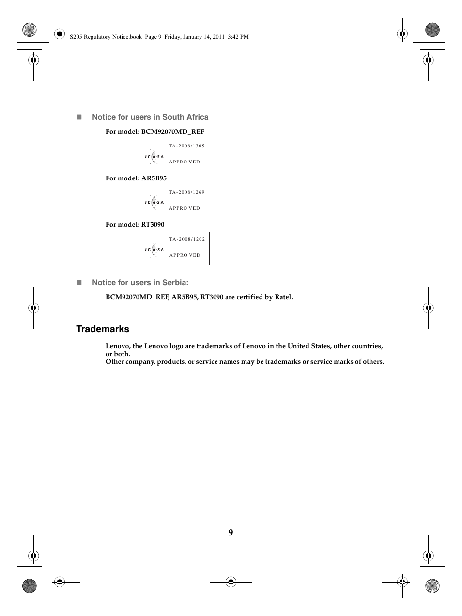 Trademarks | Lenovo IdeaPad S205 User Manual | Page 9 / 10