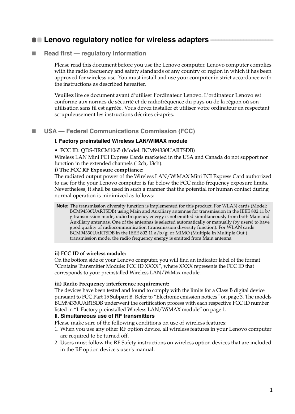 Lenovo regulatory notice for wireless adapters | Lenovo Yoga 11 Notebook IdeaPad User Manual | Page 2 / 16