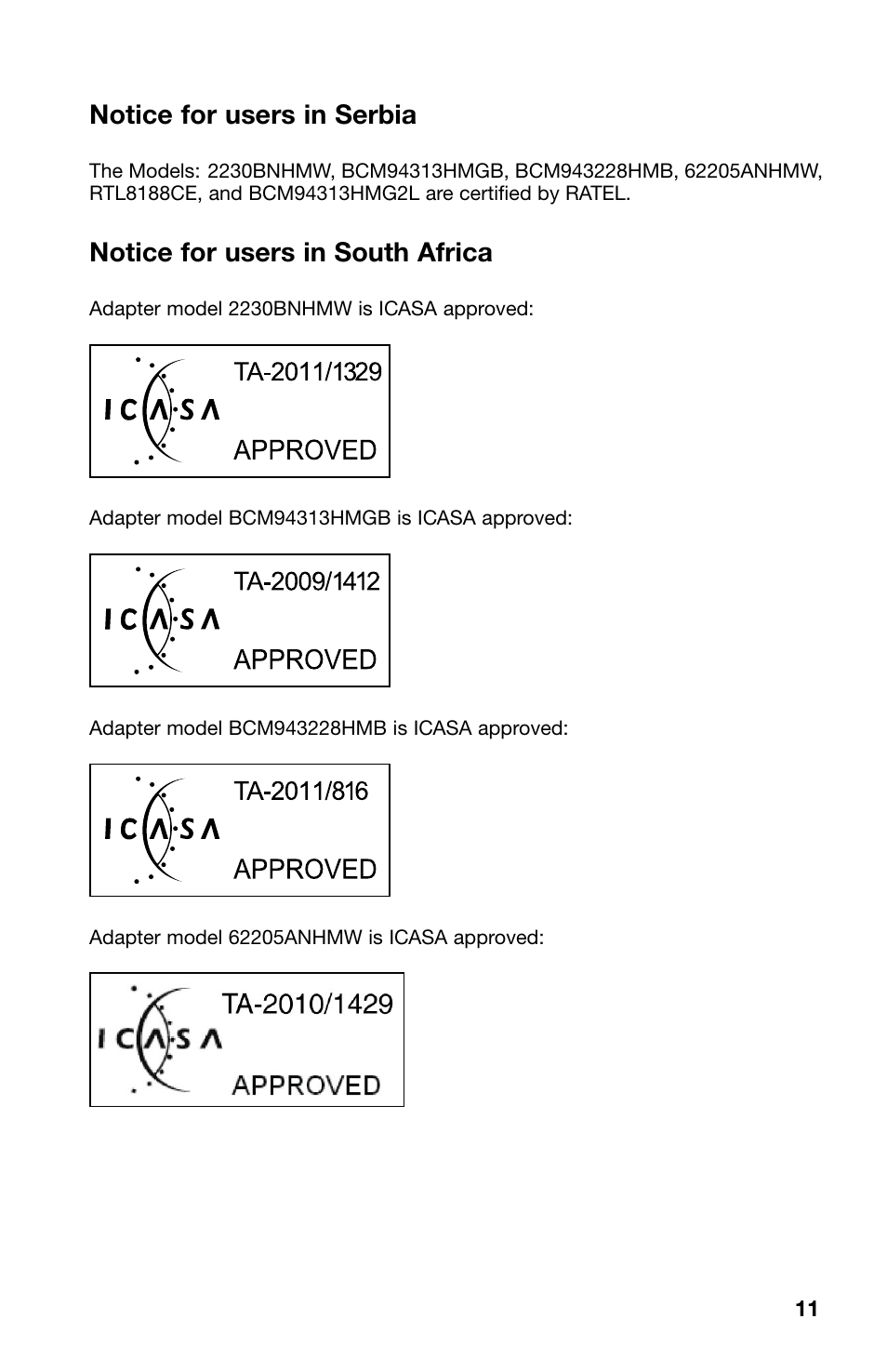 Notice for users in serbia, Notice for users in south africa, Serbia | South africa | Lenovo V480c Notebook User Manual | Page 11 / 16