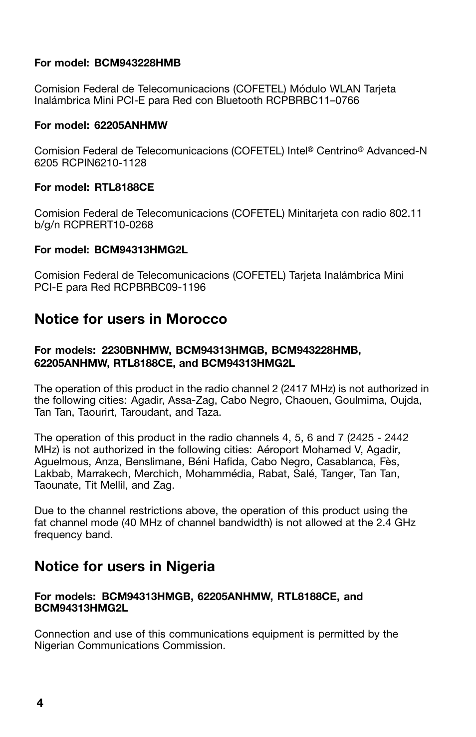 Notice for users in morocco, Notice for users in nigeria, Morocco | Nigeria | Lenovo V480c Notebook User Manual | Page 4 / 16