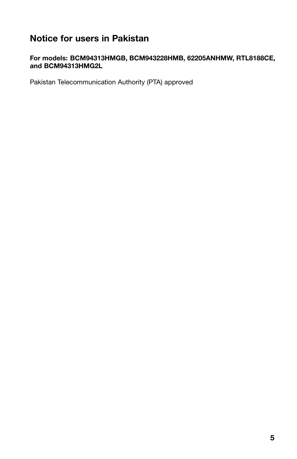 Notice for users in pakistan, Pakistan | Lenovo V480c Notebook User Manual | Page 5 / 16