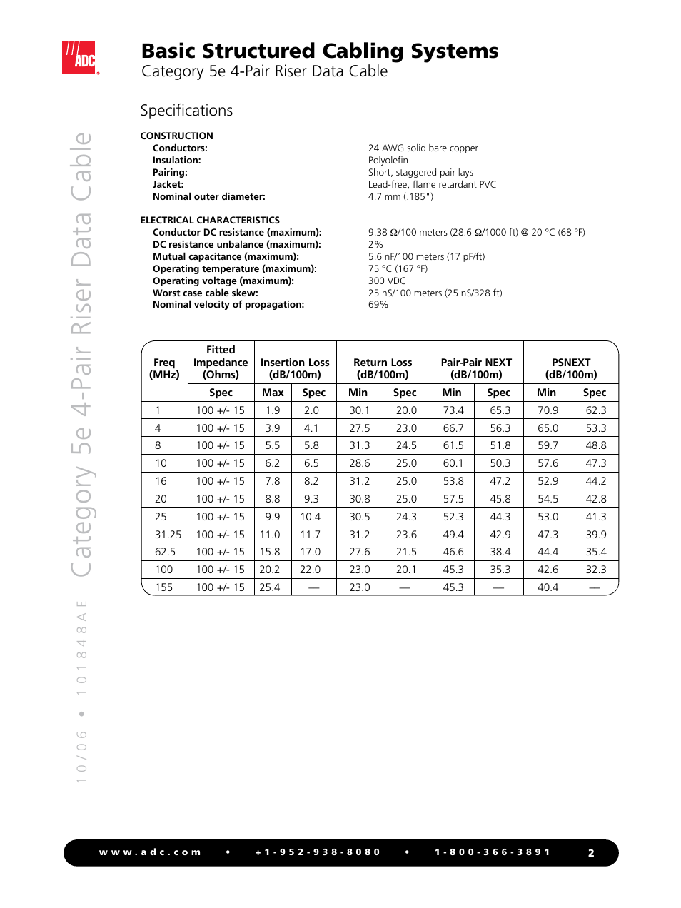 Cat eg o ry 5 e 4 -p ai r r is er d at a c ab le, Basic structured cabling systems, Category 5e 4-pair riser data cable specifications | ADC 4-Pair Riser User Manual | Page 2 / 4