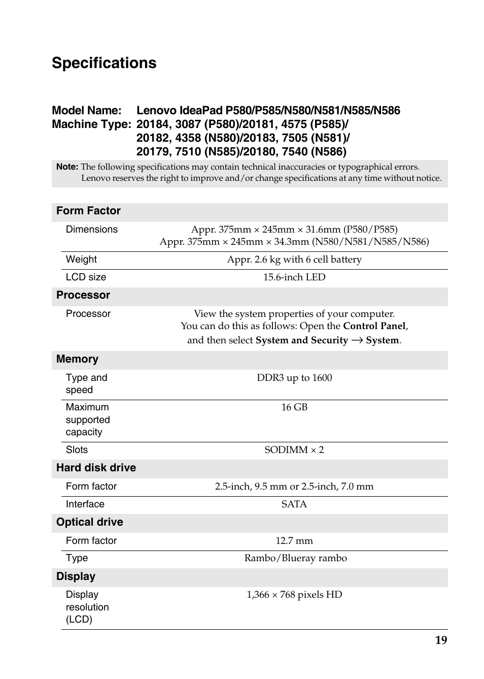 Specifications | Lenovo IdeaPad N585 User Manual | Page 19 / 21