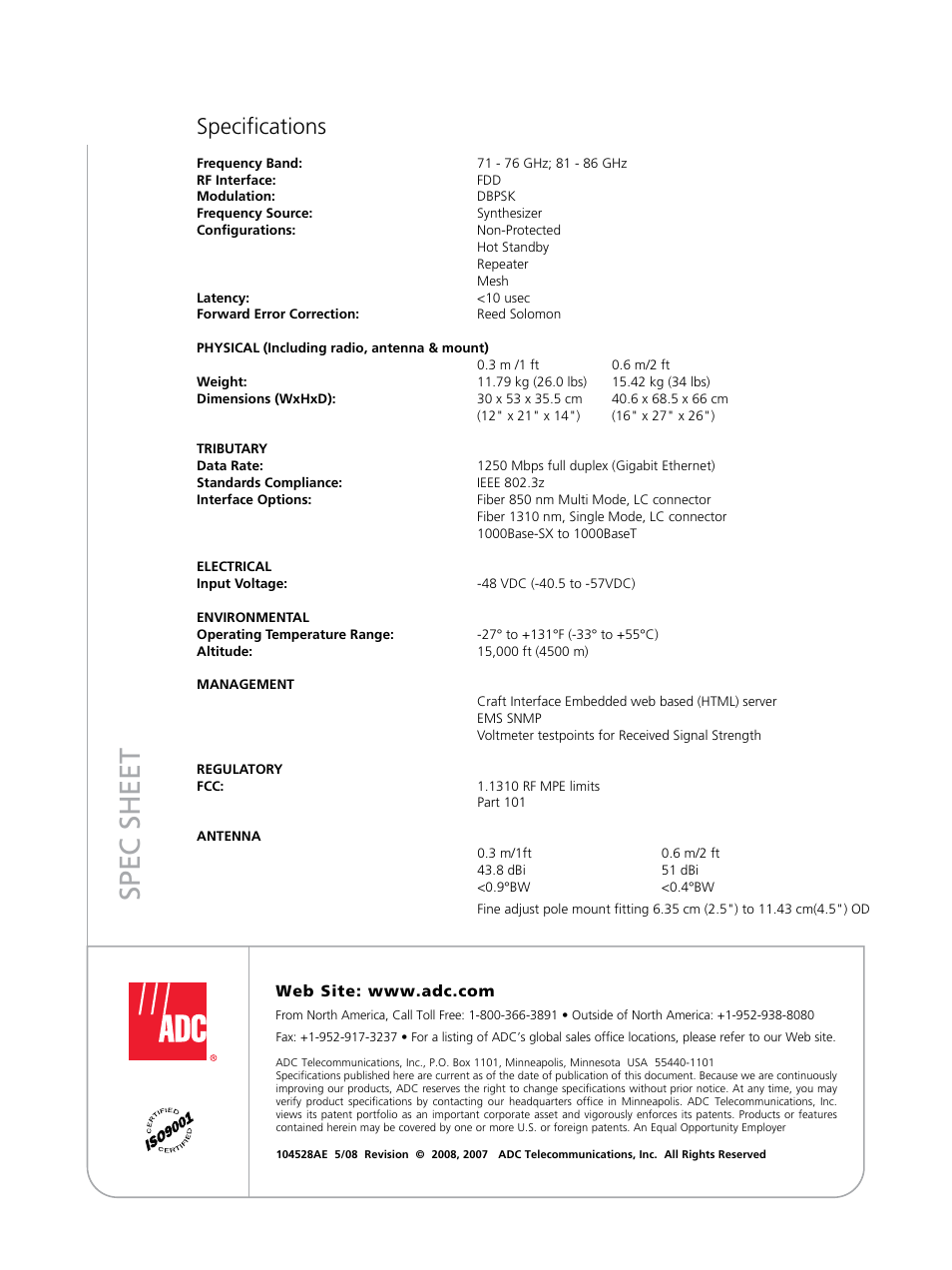 Spec sheet, Specifications | ADC FlexWave MMW 125 User Manual | Page 4 / 4
