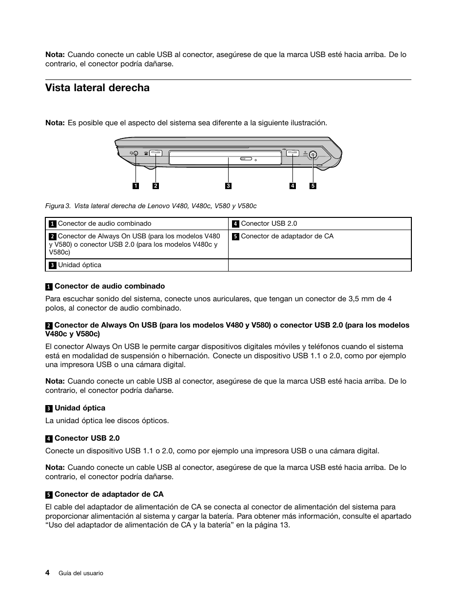 Vista lateral derecha | Lenovo V580c Notebook User Manual | Page 18 / 96