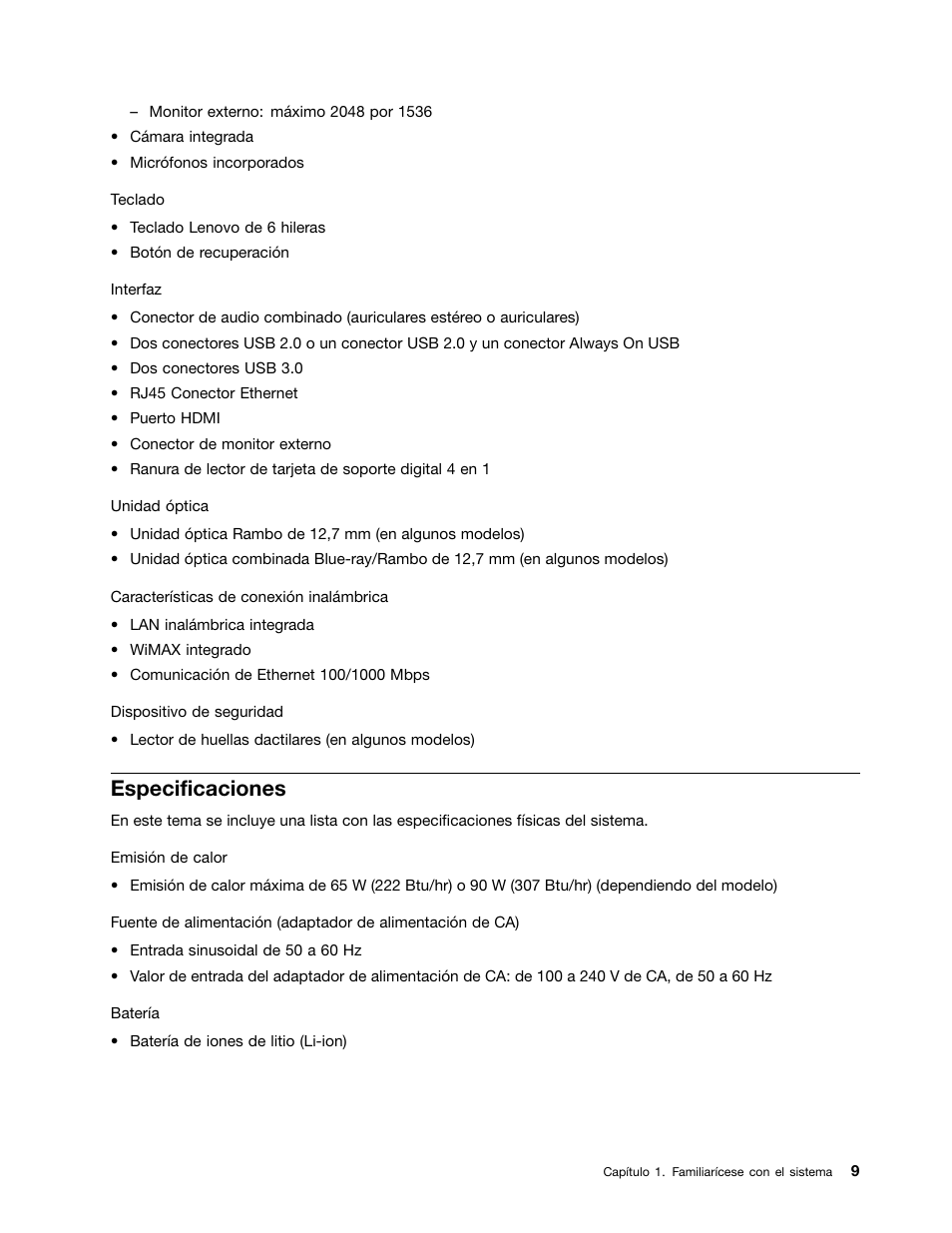 Especificaciones | Lenovo V580c Notebook User Manual | Page 23 / 96