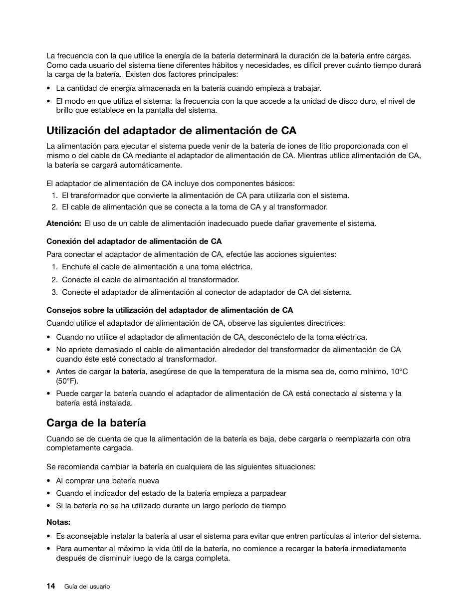 Utilización del adaptador de alimentación de ca, Carga de la batería | Lenovo V580c Notebook User Manual | Page 28 / 96