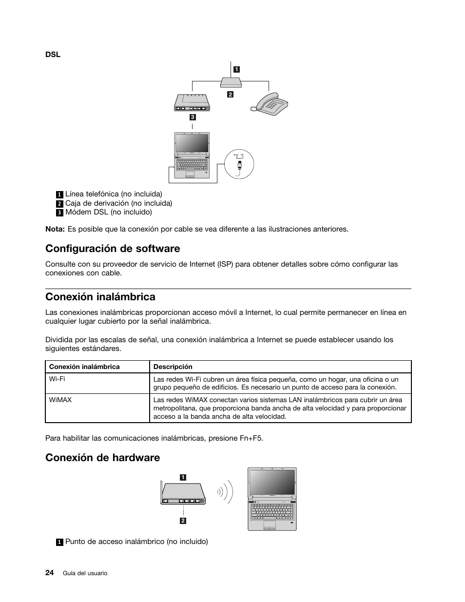 Configuración de software, Conexión inalámbrica, Conexión de hardware | Lenovo V580c Notebook User Manual | Page 38 / 96