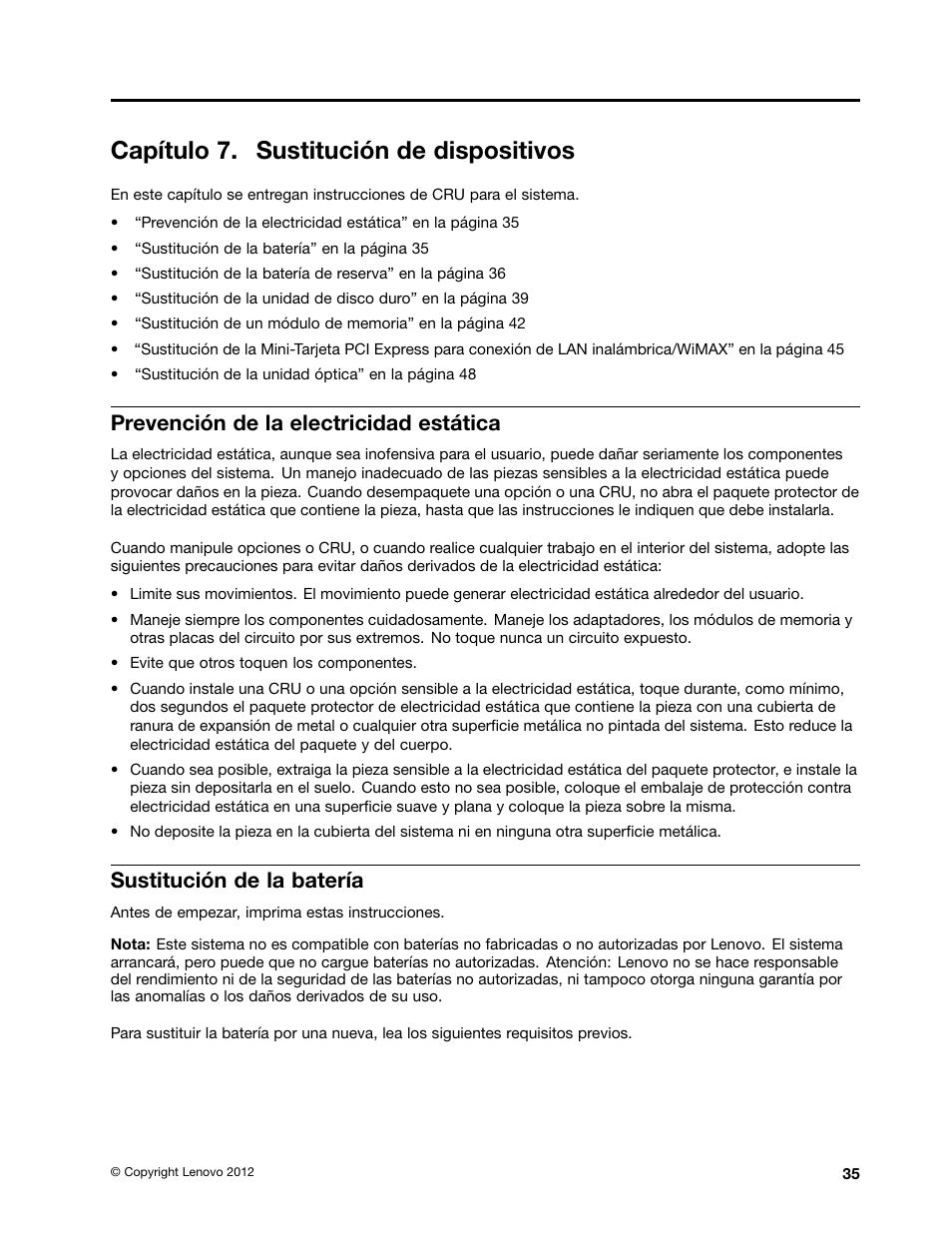 Capítulo 7. sustitución de dispositivos, Prevención de la electricidad estática, Sustitución de la batería | Lenovo V580c Notebook User Manual | Page 49 / 96