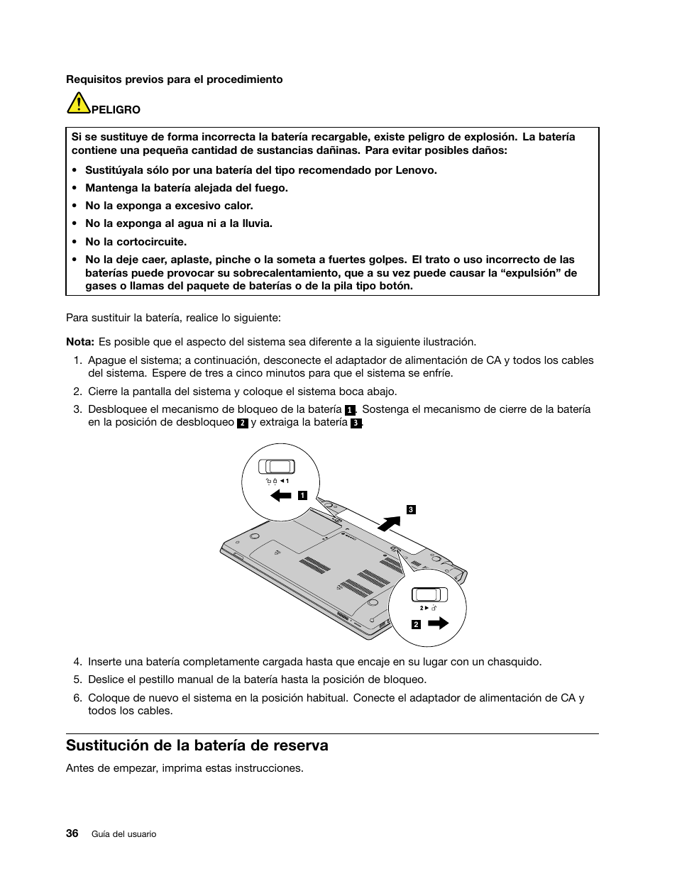 Sustitución de la batería de reserva | Lenovo V580c Notebook User Manual | Page 50 / 96