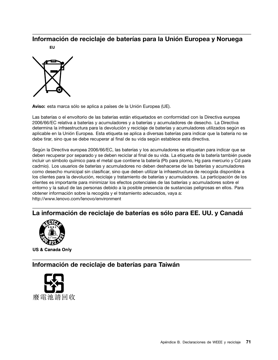 Información de reciclaje de baterías para taiwán | Lenovo V580c Notebook User Manual | Page 85 / 96