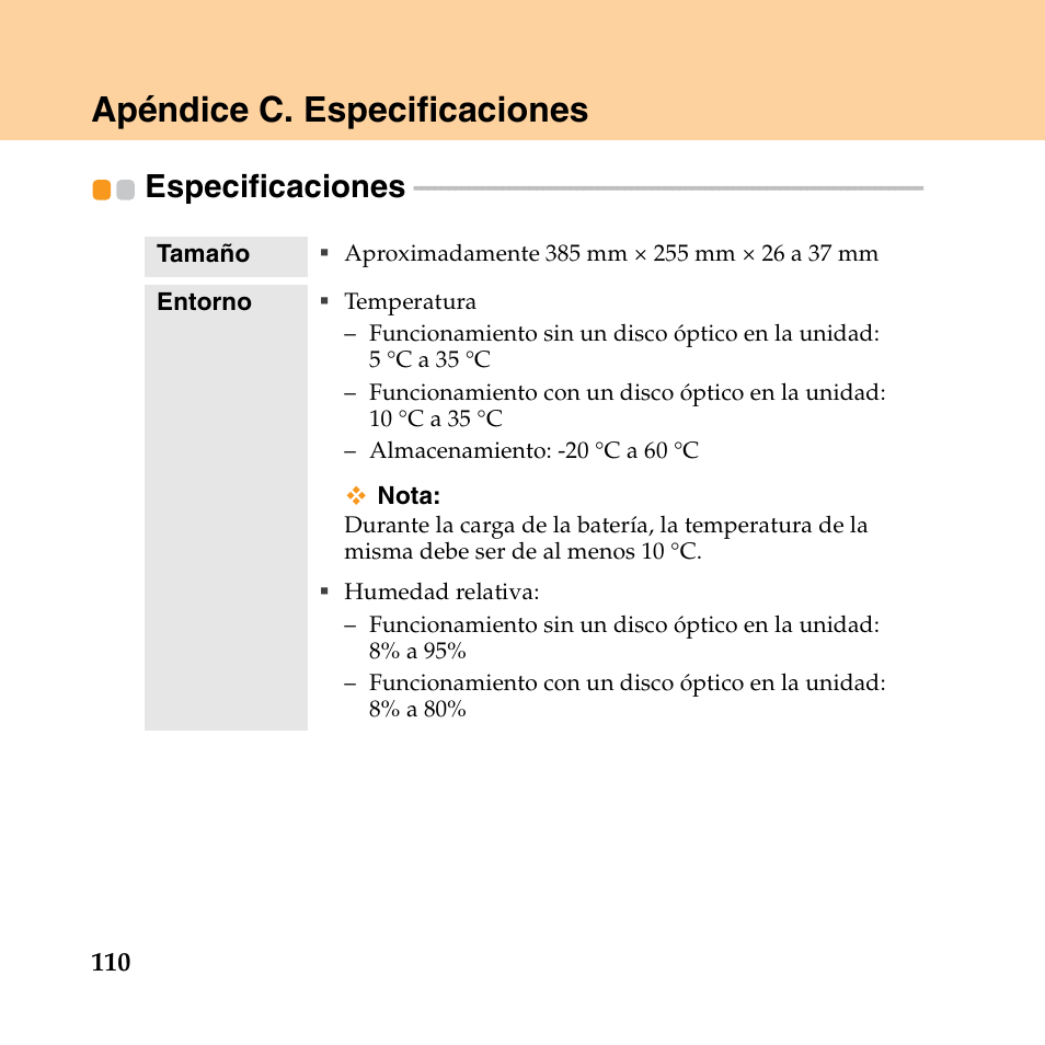 Apéndice c. especificaciones, Especificaciones | Lenovo IdeaPad Y550P User Manual | Page 118 / 148