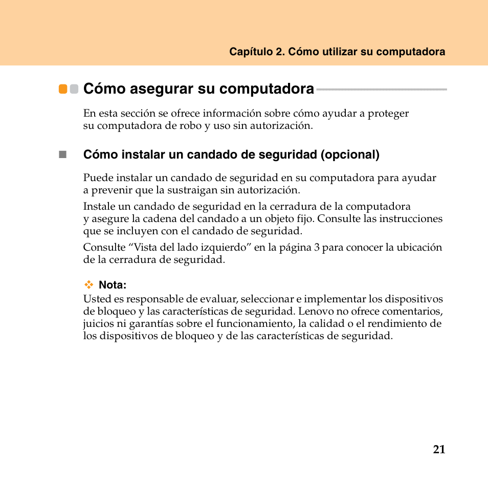 Cómo asegurar su computadora | Lenovo IdeaPad Y550P User Manual | Page 29 / 148