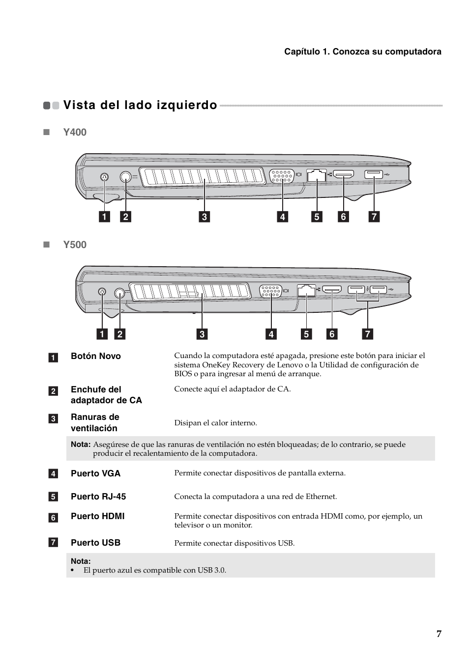 Vista del lado izquierdo | Lenovo IdeaPad Y500 Notebook User Manual | Page 11 / 41