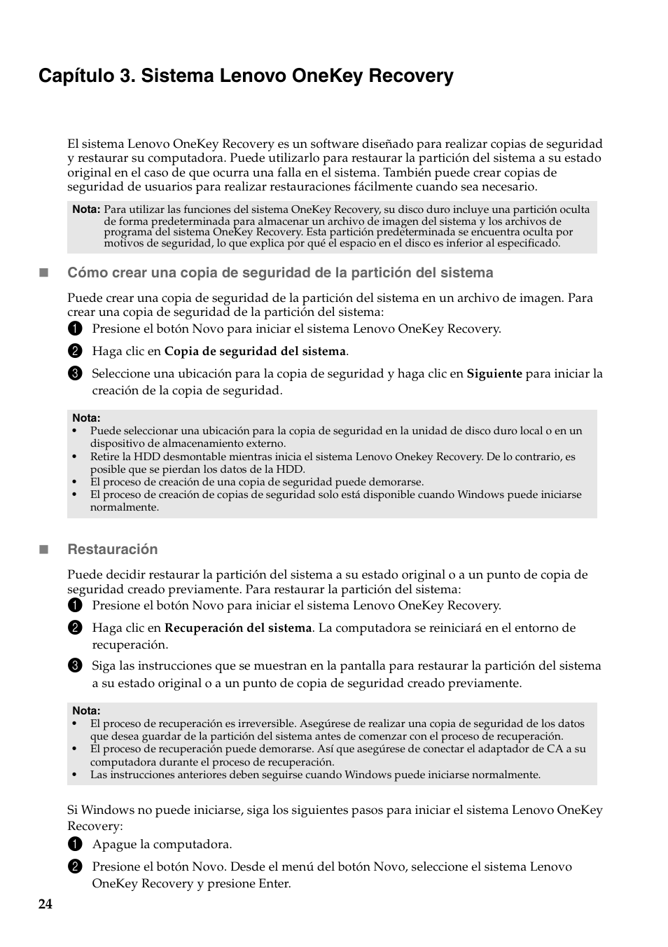 Capítulo 3. sistema lenovo onekey recovery | Lenovo IdeaPad Y500 Notebook User Manual | Page 28 / 41