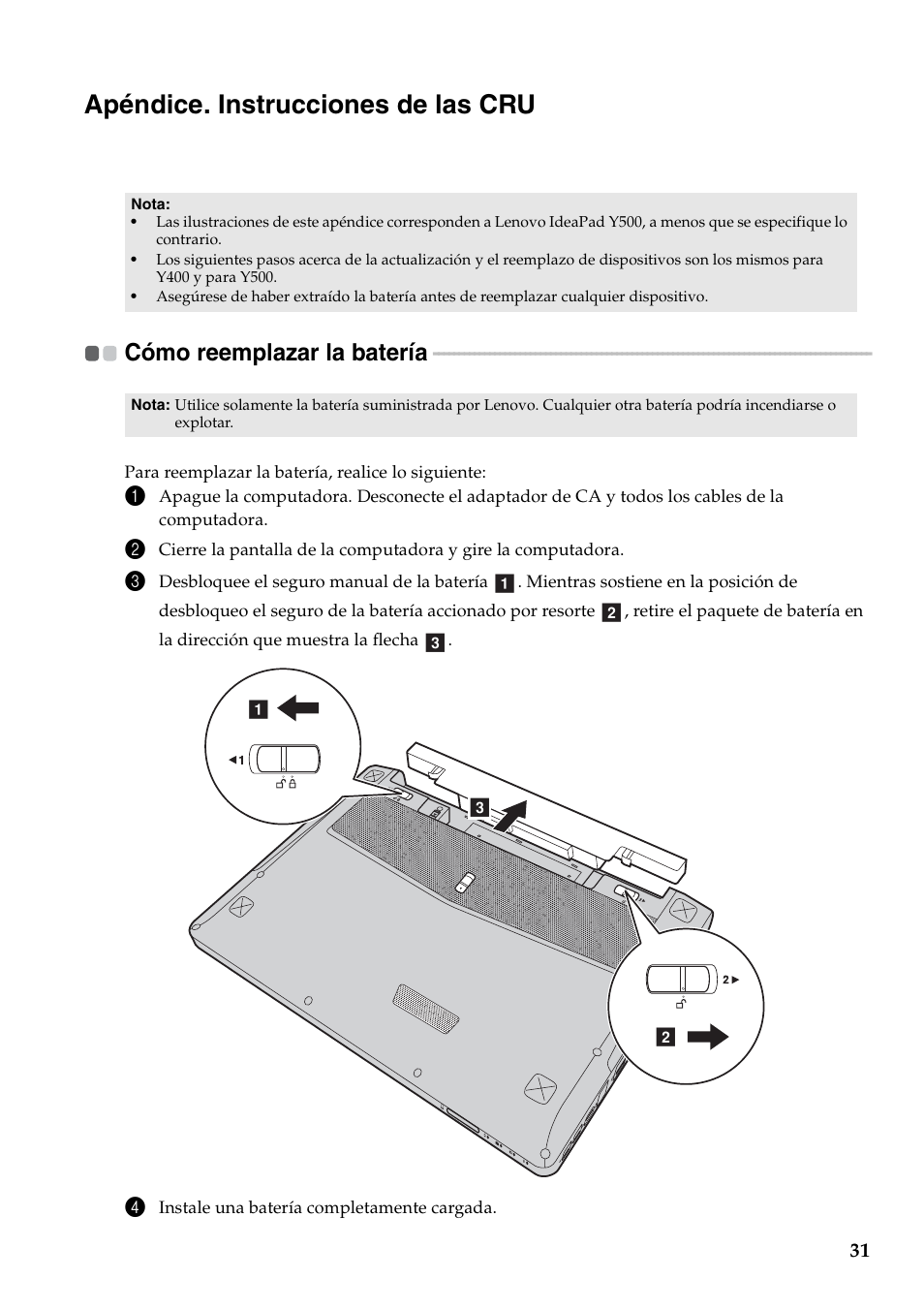 Apéndice. instrucciones de las cru, Cómo reemplazar la batería | Lenovo IdeaPad Y500 Notebook User Manual | Page 35 / 41