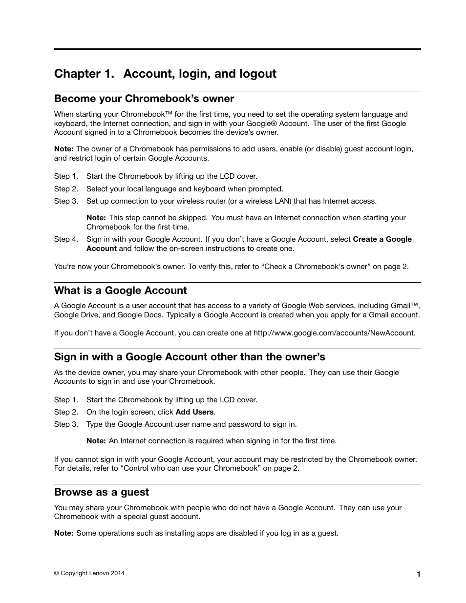 Chapter 1. account, login, and logout, Become your chromebook’s owner, What is a google account | Browse as a guest | Lenovo N20p Chromebook User Manual | Page 17 / 40