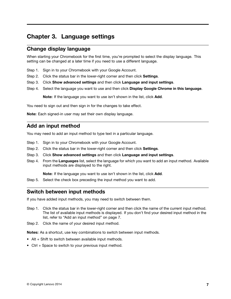 Chapter 3. language settings, Change display language, Add an input method | Switch between input methods | Lenovo N20p Chromebook User Manual | Page 23 / 40