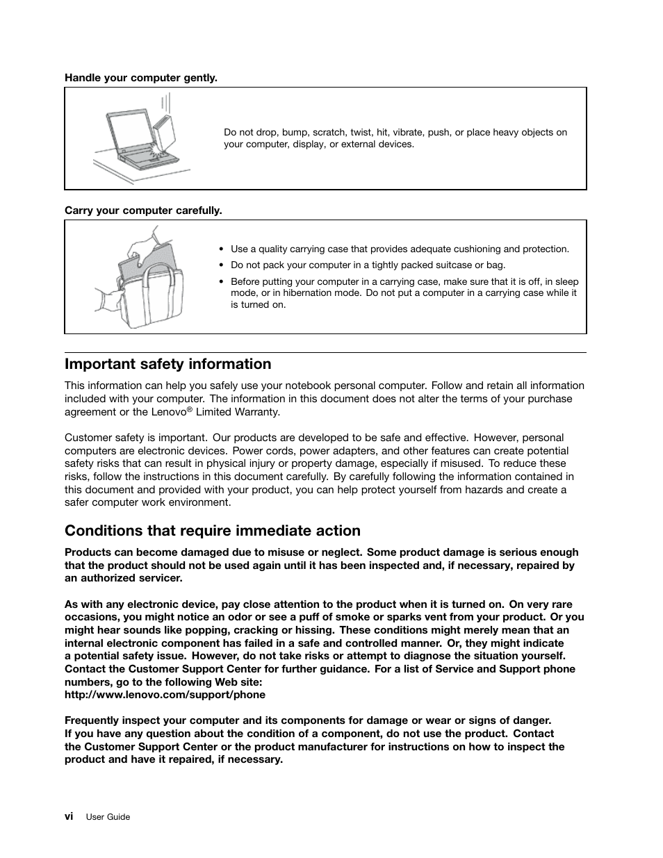 Important safety information, Conditions that require immediate action, Conditions that require immediate action . . . vi | Lenovo N20p Chromebook User Manual | Page 8 / 40