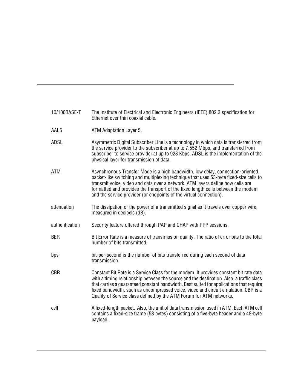 Lossary | ADC Megabit Modem 700F User Manual | Page 127 / 140