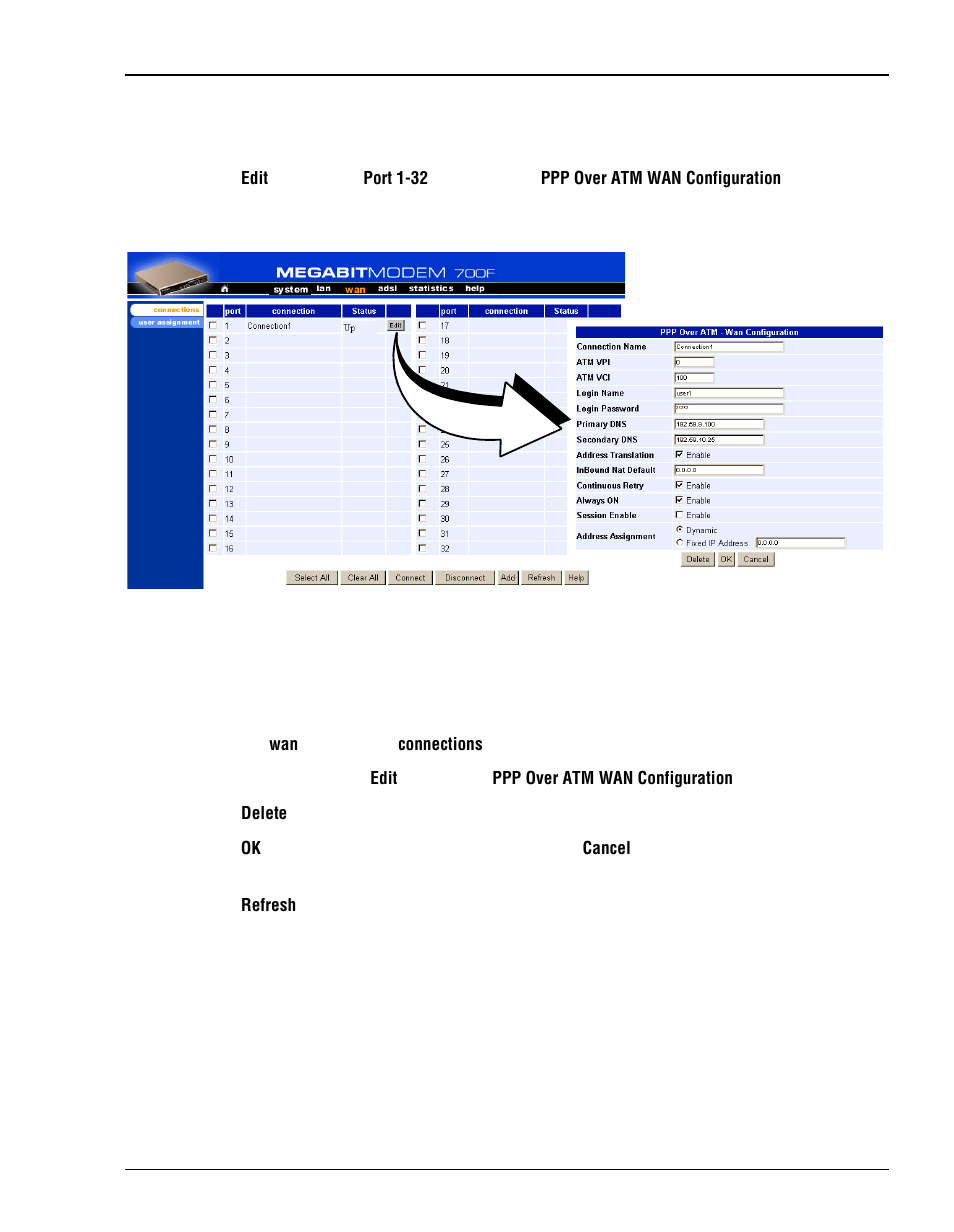 Modify a ppp over atm wan session, Delete a ppp over atm wan session | ADC Megabit Modem 700F User Manual | Page 67 / 140