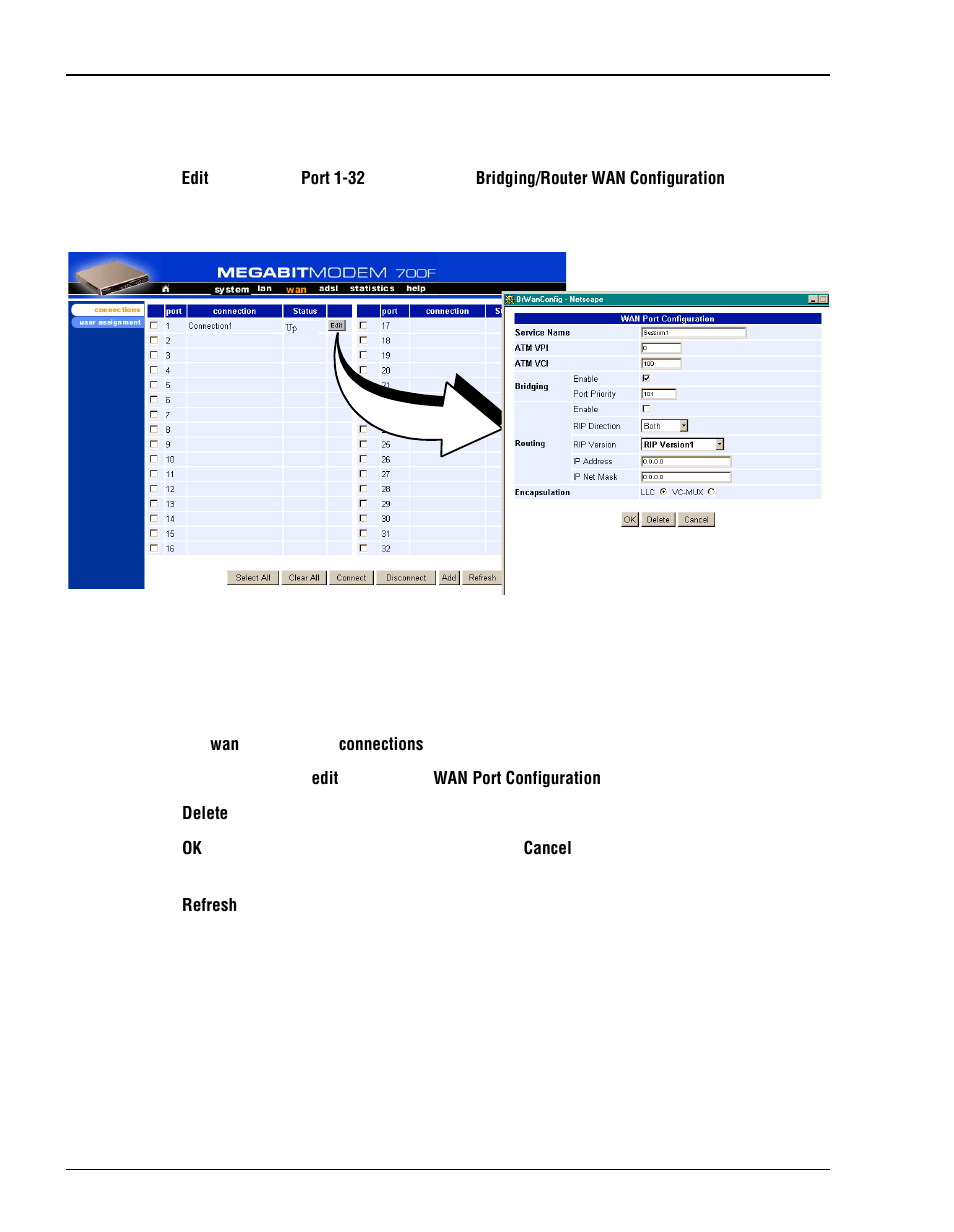 Modify a bridging/routing wan session, Delete a bridging/routing wan session | ADC Megabit Modem 700F User Manual | Page 78 / 140