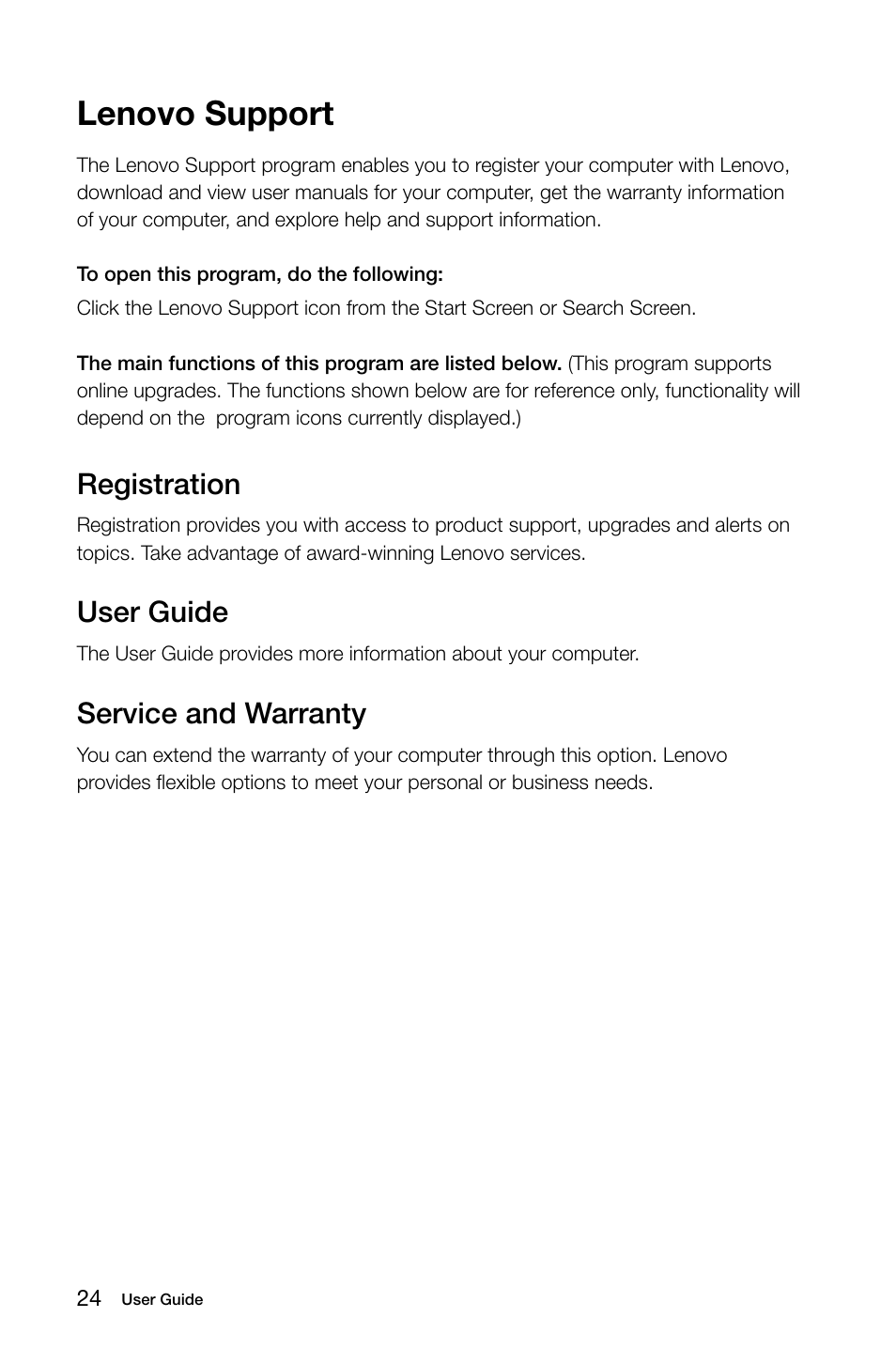 Lenovo support, Registration, User guide | Service and warranty | Lenovo H530 Desktop User Manual | Page 29 / 63