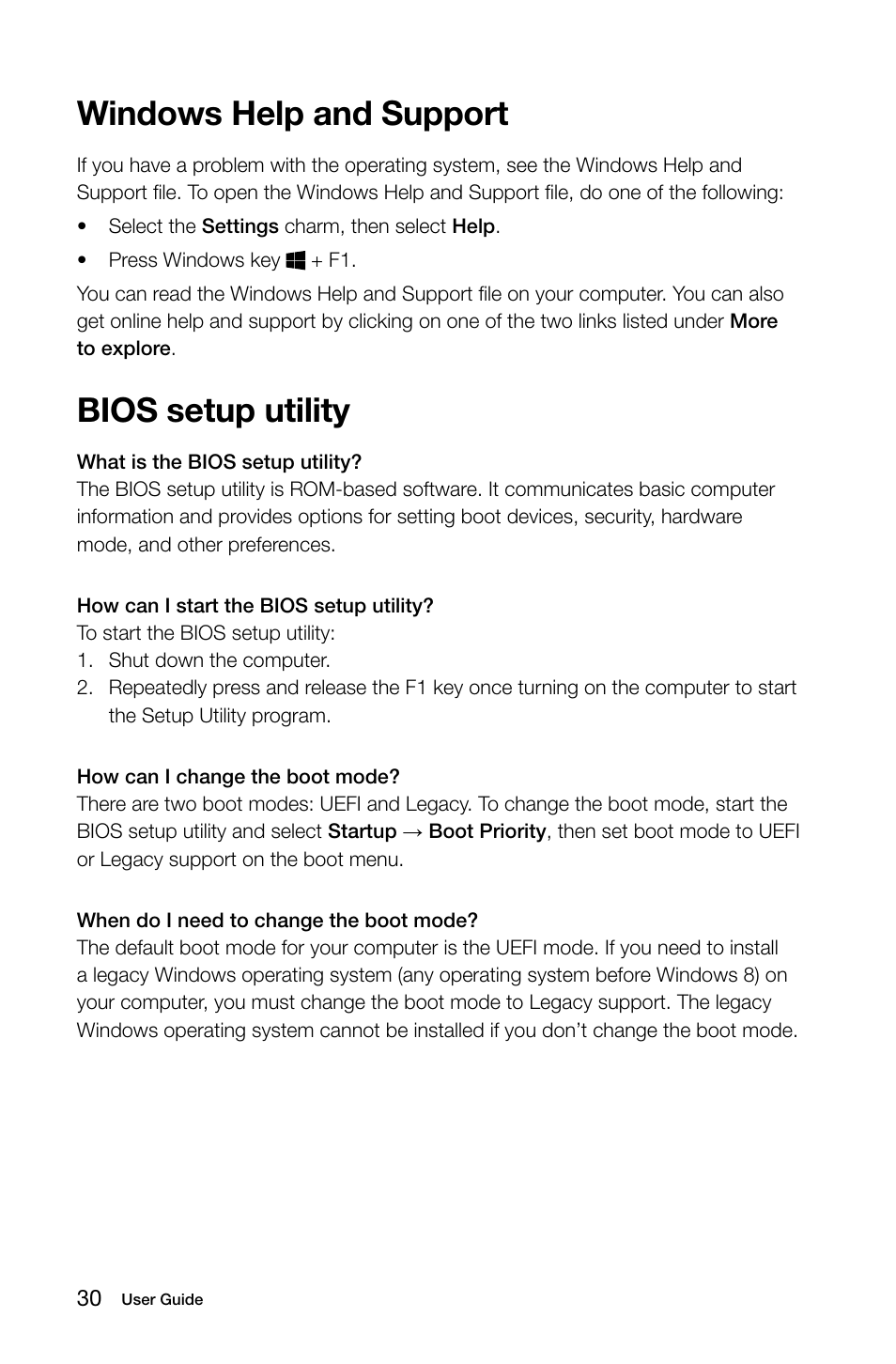 Windows help and support, Bios setup utility | Lenovo H530 Desktop User Manual | Page 35 / 63