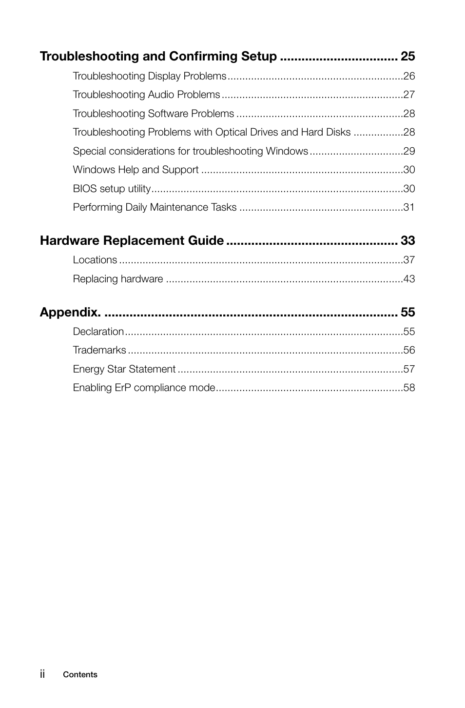 Troubleshooting and confirming setup, Hardware replacement guide, Appendix | Lenovo H530 Desktop User Manual | Page 5 / 63