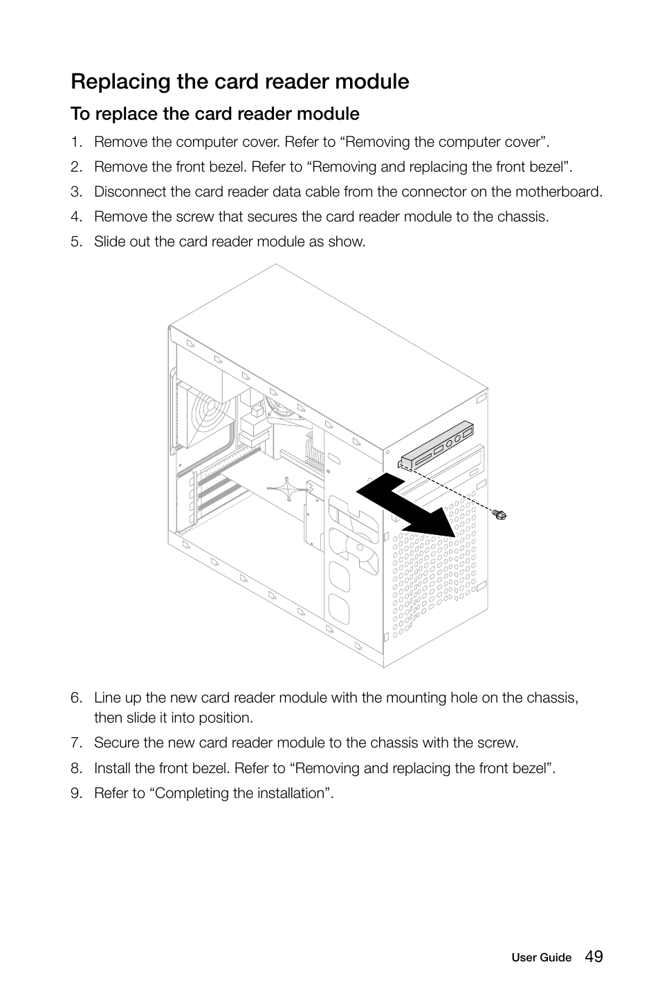 Replacing the card reader module | Lenovo H530 Desktop User Manual | Page 54 / 63