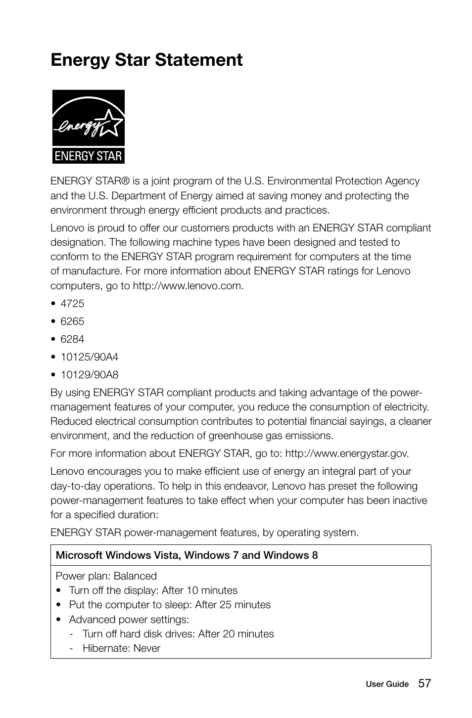 Energy star statement | Lenovo H530 Desktop User Manual | Page 62 / 63