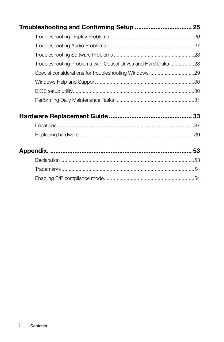 Troubleshooting and confirming setup, Hardware replacement guide, Appendix | Lenovo Erazer X700 Desktop User Manual | Page 5 / 59