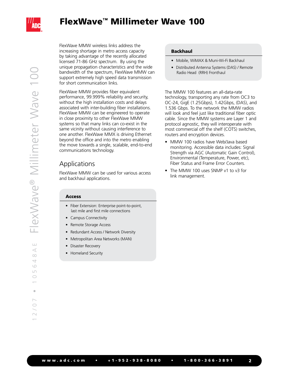 Flexw ave, Millimeter w ave 100, Flexwave | Millimeter wave 100, Applications | ADC FlexWaveTM MMW 100 User Manual | Page 2 / 4