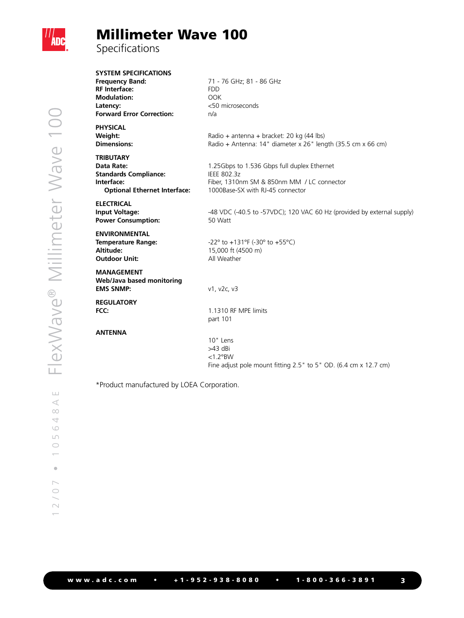 Flexw ave, Millimeter w ave 100, Millimeter wave 100 | Specifications | ADC FlexWaveTM MMW 100 User Manual | Page 3 / 4