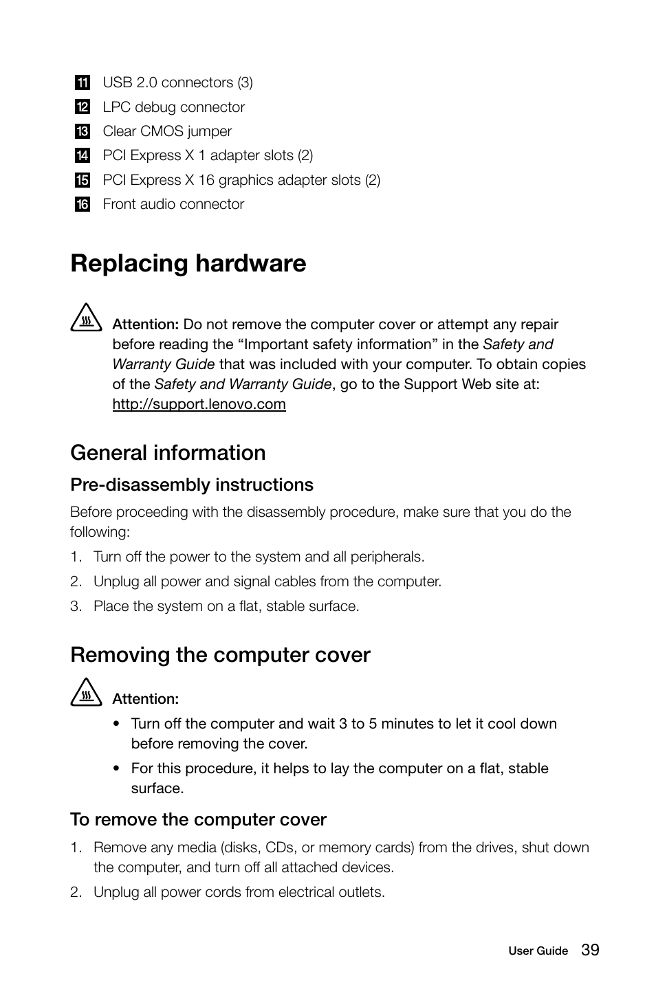 Replacing hardware, General information, Removing the computer cover | Lenovo Erazer X700 Desktop User Manual | Page 44 / 61