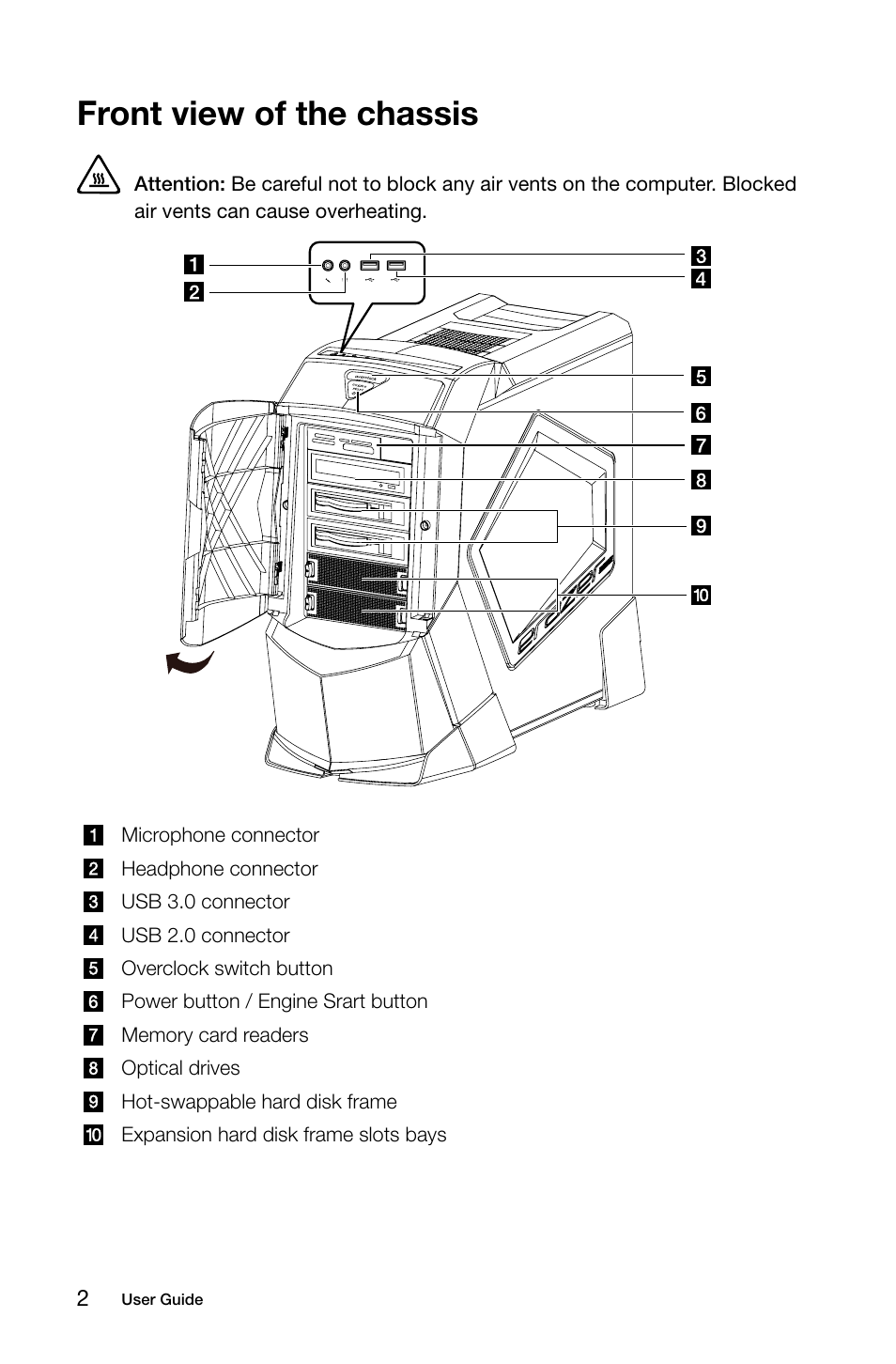 Front view of the chassis | Lenovo Erazer X700 Desktop User Manual | Page 7 / 61