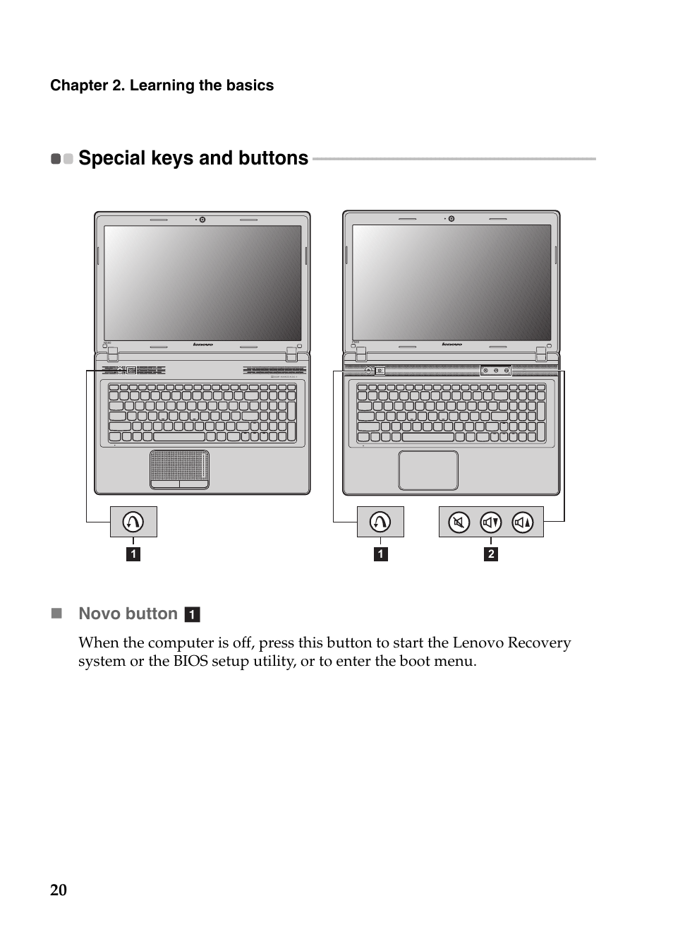 Special keys and buttons, Novo button | Lenovo IdeaPad P585 User Manual | Page 24 / 53