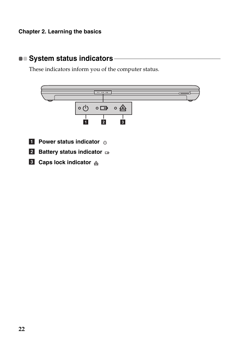 System status indicators | Lenovo IdeaPad P585 User Manual | Page 26 / 53